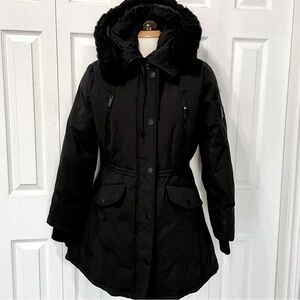 BCBGMaxAzria Black Hooded Jacket with Hood and Removable Fur size large.